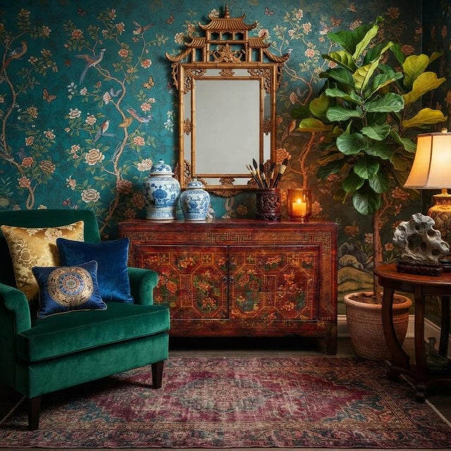 1980s Vintage Orange Red Brown Floral Graphic Credenza Sideboard Cabinet For Sale - Image 5 of 10