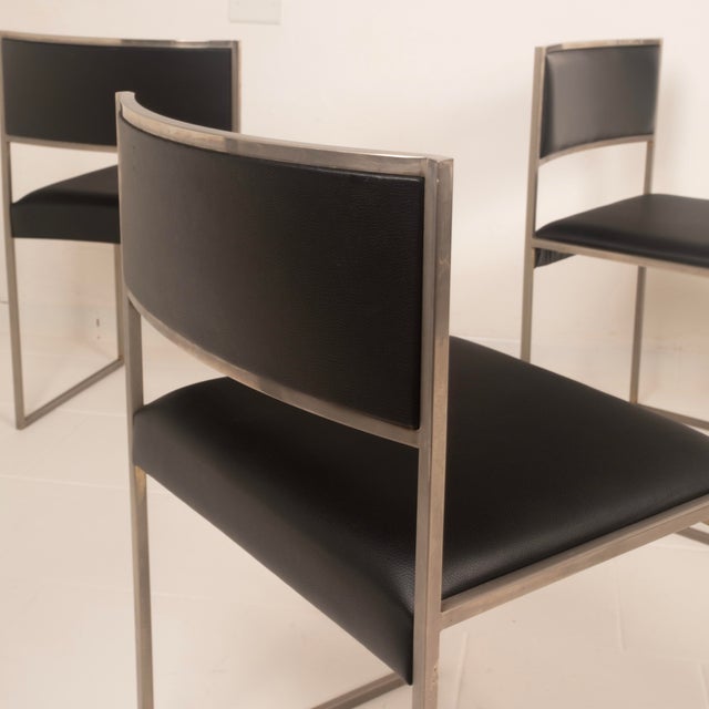 Italian SQ Dining Chairs in Brushed Steel and Black Vegan-Leather, 1970s, Set of 6 For Sale - Image 4 of 18