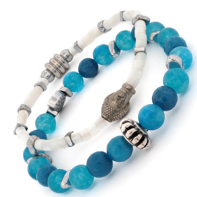 Early 21st Century Ocean Zen Blue Jade & White Pearl Men’s Bracelet Set For Sale - Image 5 of 7