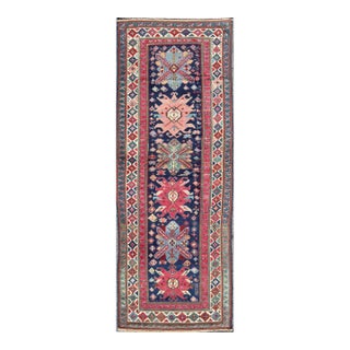 Late 19th Century Antique Late 19th Century Kazak Caucasian Runner in Navy Blue Background For Sale