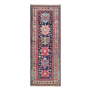 Late 19th Century Antique Late 19th Century Kazak Caucasian Runner in Navy Blue Background