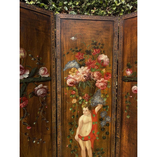 Wood Antique Rococo French Three-Fold Hand-Painted Wood Romantic Cherub and Floral Room Divider, 1890s For Sale - Image 7 of 18