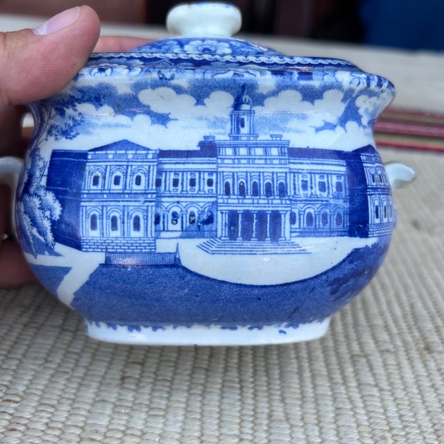 Antique Historical Blue Staffordshire Sugar Bowl, City Hall New York by Stubbs, Circa 1820 For Sale - Image 6 of 12
