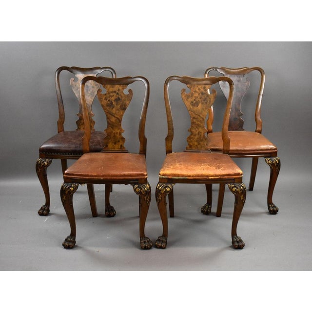 Queen Anne Style Burr Walnut Wind-Out Extending Dining Table and Chairs, 1930, Set of 5 For Sale - Image 14 of 18
