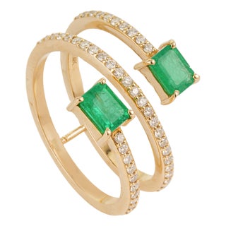 Mid 20th Style Spiral Wrap Emerald Diamond Multi Row Gold 14k Ring Size 5 For Sale