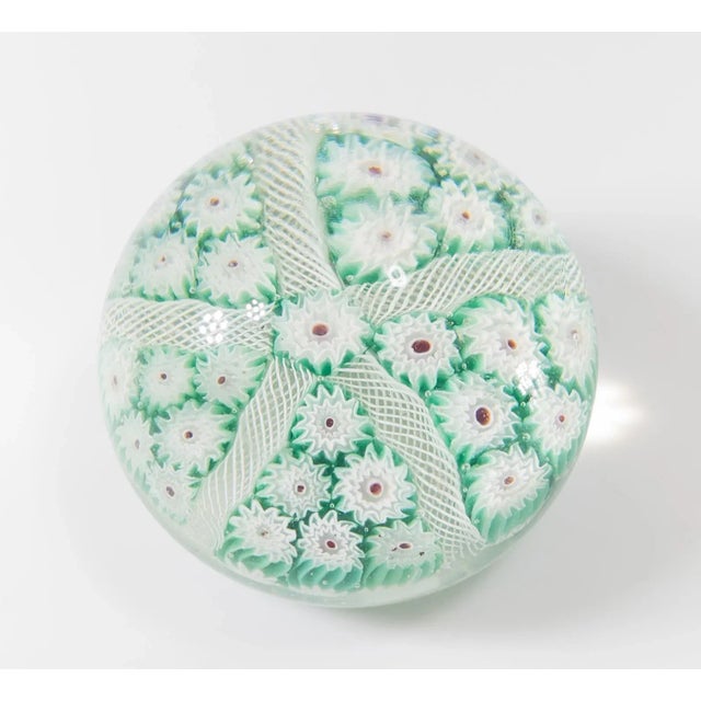 Mid-Century Modern Mid-Century Italian Murano Art Glass Green Millefiori Paperweight For Sale - Image 3 of 8