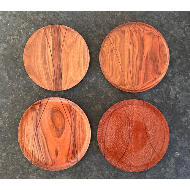 Set of Four Handcrafted Exotic Wood Plates by California Artisan Ron