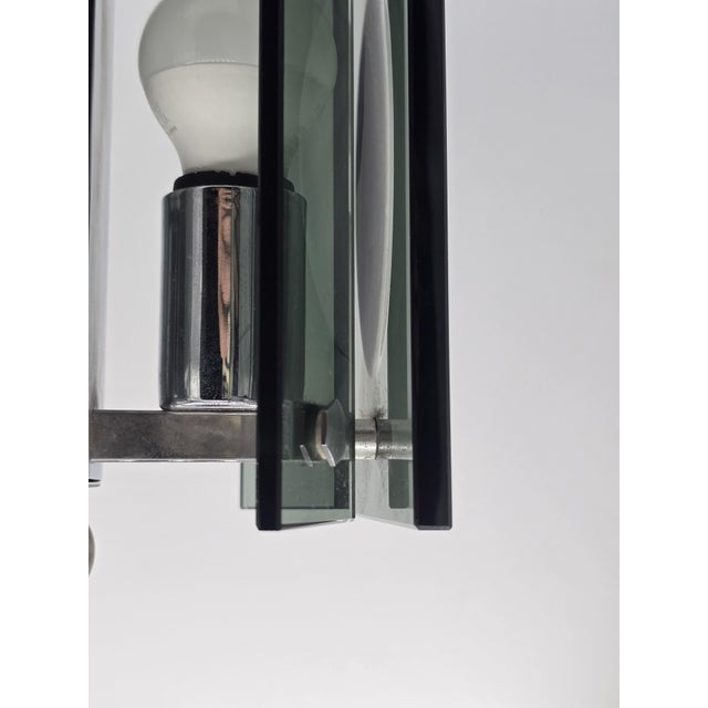 Pendant Light in Thick Green-Grey Glass and Chromed Metal in the style of Fontana Arte, 1970 For Sale - Image 6 of 14