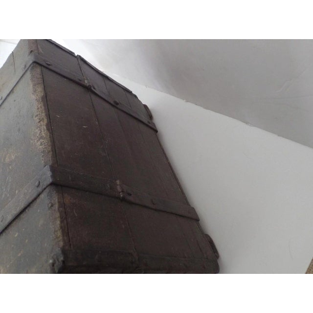 Old Late 18th Early 19th Century Metal Bound Trunk Shaped Hasp Traces of old Paint Small Coffee Table For Sale - Image 9 of 10