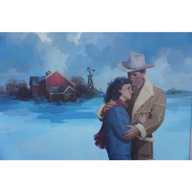 Mid 20th Century Robert Albert Maguire Lovers in a Winter Landscape Oil Painting on Board For Sale - Image 4 of 6