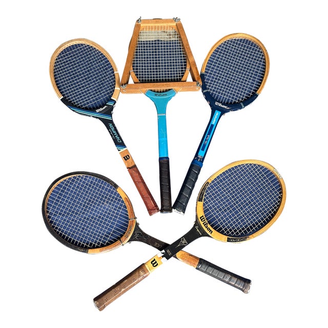 Collection of Vintage Wilson Tennis Rackets With Blue Accents For Sale