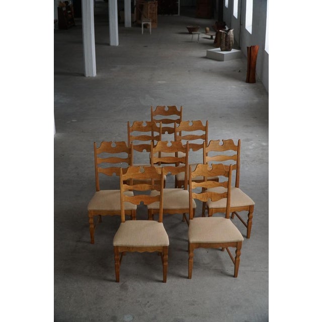 Mid-Century Danish Chairs in Oak & Hessian from Henning Kjærnulf, 1960s, Set of 8 For Sale - Image 4 of 17