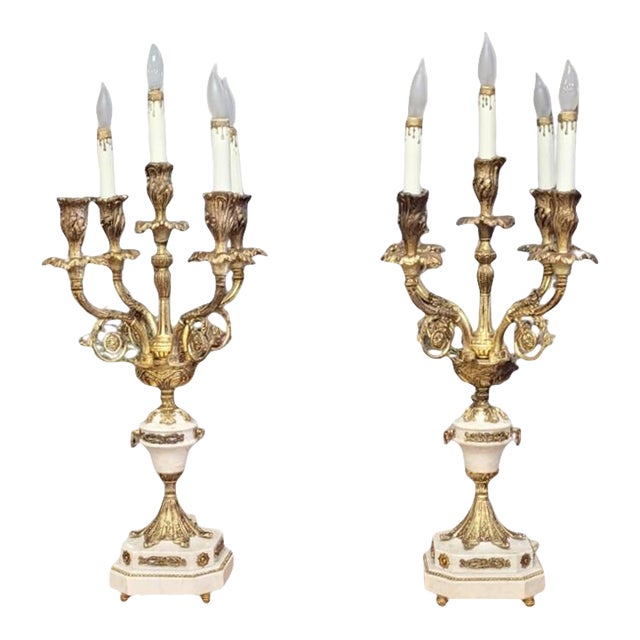 1950s Pair French Stone and Gilt Brass Candelabra Lamps For Sale