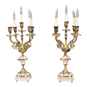 1950s Pair French Stone and Gilt Brass Candelabra Lamps