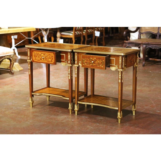 Wood Near Pair of Mid-Century French Louis XVI Ormolu Marquetry Side Tables For Sale - Image 7 of 17