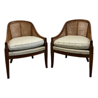 Pair of Vintage Baker Furniture Walnut & Cane Barrel Lounge Chairs For Sale