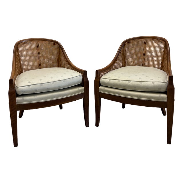 Pair of Vintage Baker Furniture Walnut & Cane Barrel Lounge Chairs For Sale