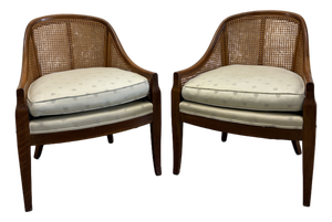 Pair of Vintage Baker Furniture Walnut & Cane Barrel Lounge Chairs