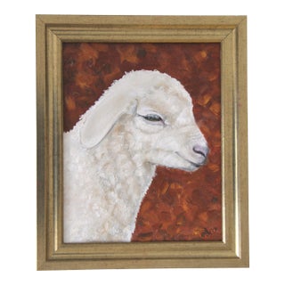 Sheep Lamb Portrait Impresisonism Burnt Orange White Original Oil Painting by Cleo Plowden For Sale