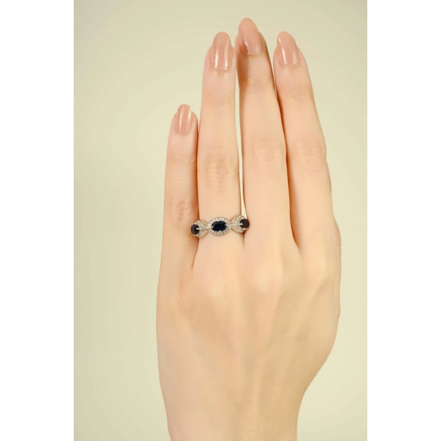Marquise Cut Three Stone Sapphire Diamond Cluster Ring 14k Gold Size 7 For Sale In New York - Image 6 of 10