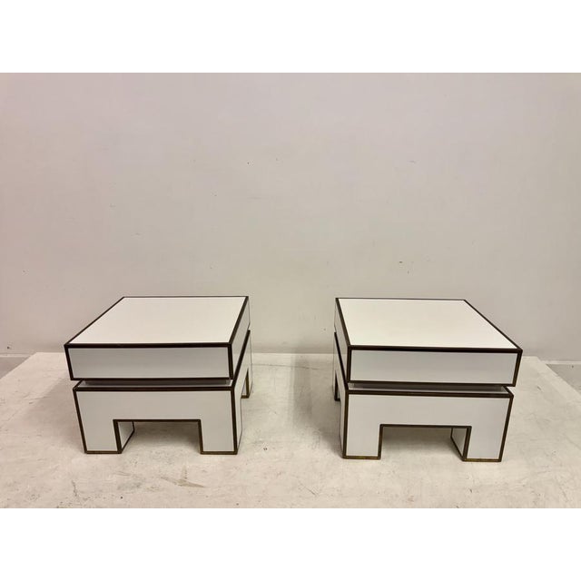White Bedside Tables with Brass Banding by Alain Delon for Maison Jansen, 1970s, Set of 2 For Sale - Image 3 of 17