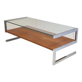 Vintage Coffee Table in Chrome-Plated Steel with Teak Veneer and Glass Top from Belgo Chrome, 1960s For Sale
