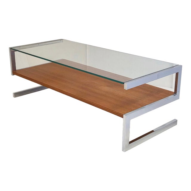 Vintage Coffee Table in Chrome-Plated Steel with Teak Veneer and Glass Top from Belgo Chrome, 1960s For Sale