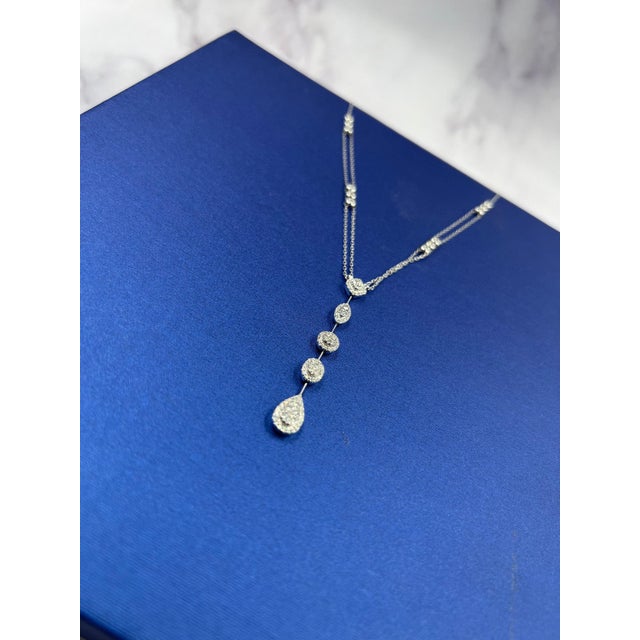 Metal Multi Shape Halo Pave Diamond 18 Karat White Gold Pendant Drop Lariat Necklace For Sale - Image 7 of 9