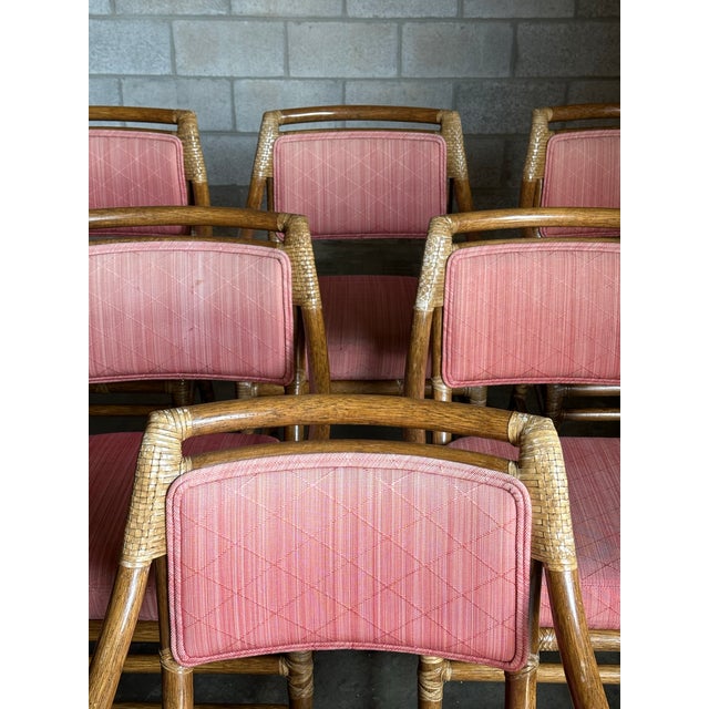 McGuire 1980s McGuire All Arm Organic Modern Rattan and Leather Dining Chairs- Set of 6 For Sale - Image 4 of 12