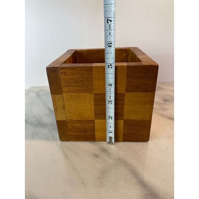 Wood 20th C. Mid-Century Modern Handcrafted Checkerboard Inlay Mixed Wood Cube Pen Holder or Planter For Sale - Image 7 of 8