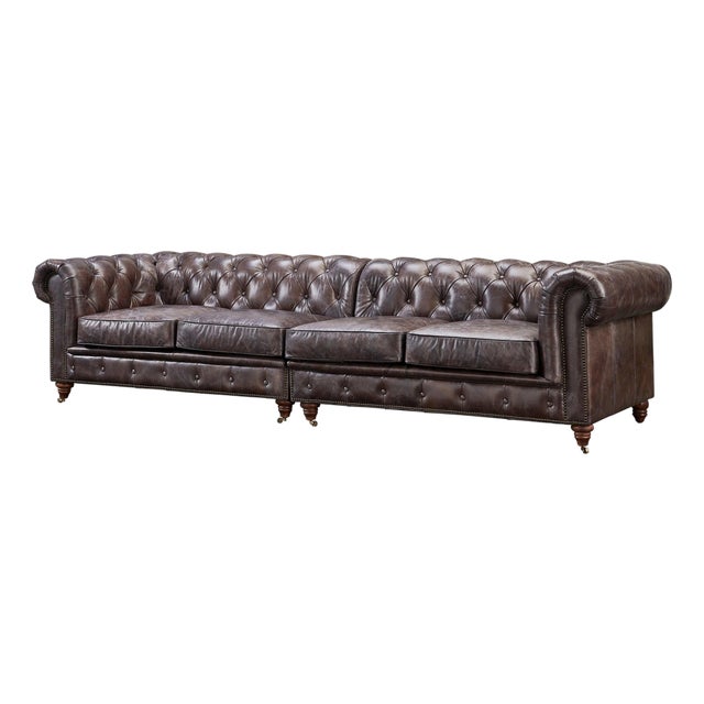 Century Chesterfield Sofa - Dark Brown Leather - 118" For Sale