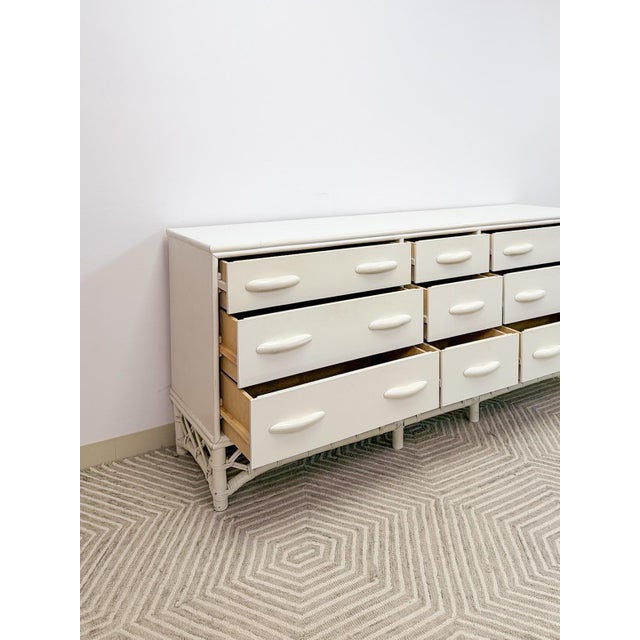 Vintage White Rattan 9-Drawer Dresser Old Florida Ficks Reed Style MCM Coastal For Sale - Image 4 of 14