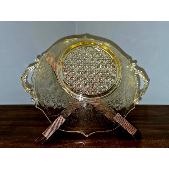 Vintage Lancaster Glass “Landrom” Topaz Etched Bowl With Handles – Depression Era For Sale - Image 9 of 10