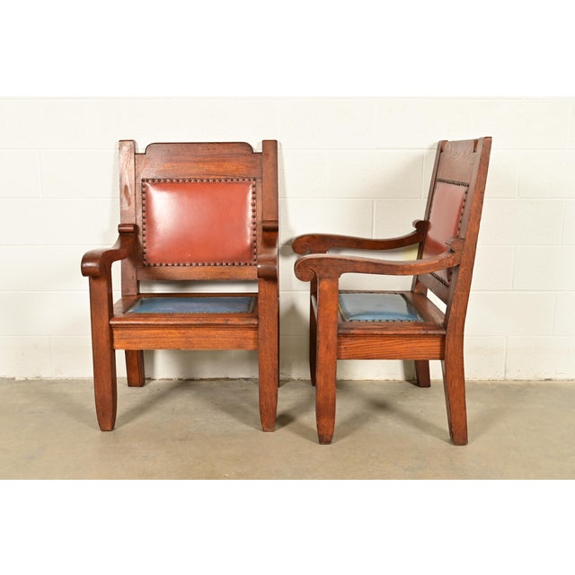 Harden Furniture Style Antique Arts & Crafts Carved Oak Library Chairs, Pair For Sale - Image 10 of 12