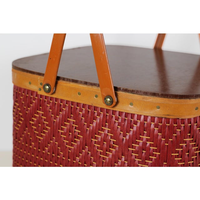 Red Mid-Century Red Woven Picnic Basket With Lid and Handles For Sale - Image 8 of 17