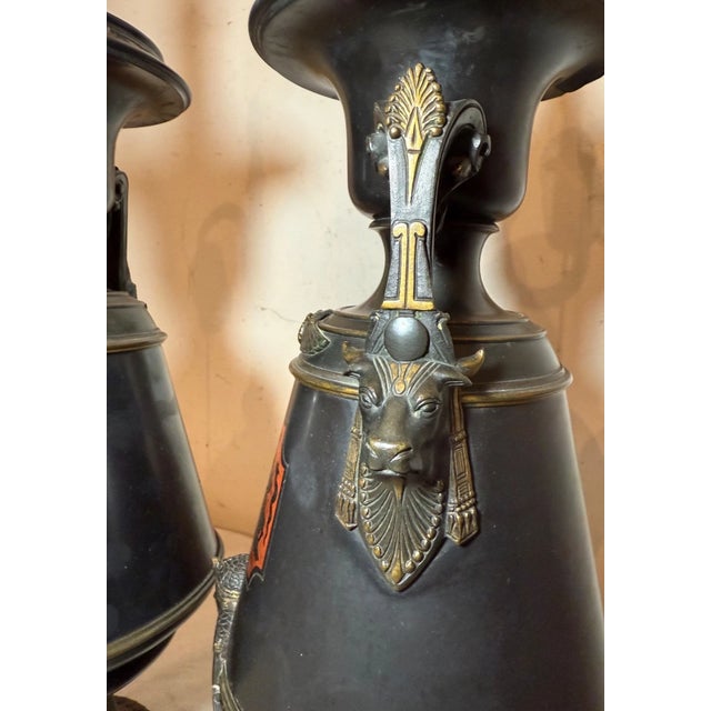 19th Century Antique Egyptian Revival Figural Bronze Marble Urn Ewer Table Lamps - a Pair For Sale - Image 5 of 18