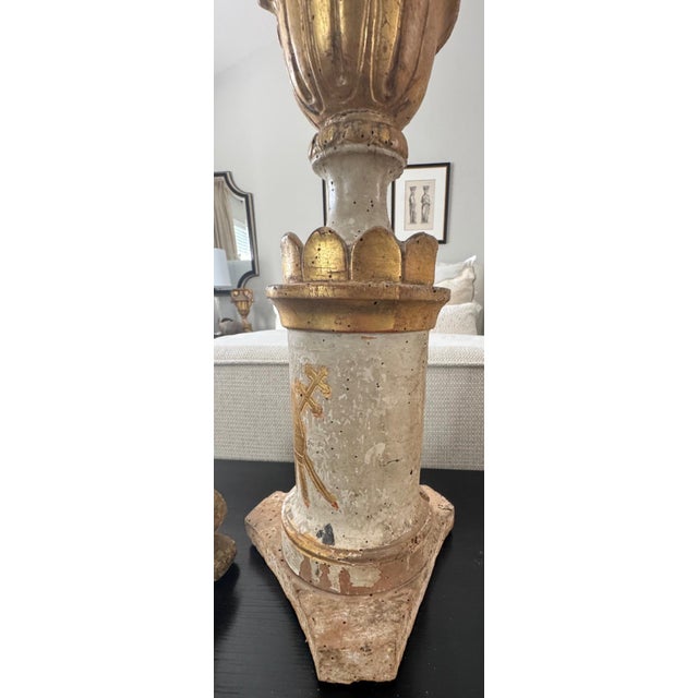 Pair of Antique Italian Painted Wood Candlesticks With Aged Patina For Sale - Image 10 of 15