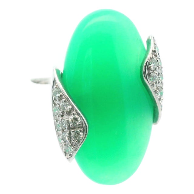 1950s 18k White Gold German Chrysoprase & Diamond Ring Size 7.75 For Sale