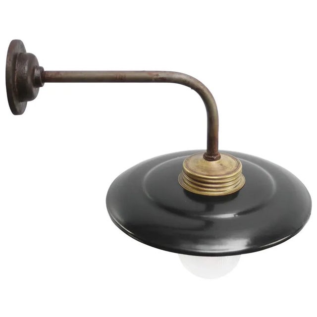 Mid-Century Modern Vintage Industrial Brass and Glass Wall Light in Black Enamel For Sale - Image 3 of 6