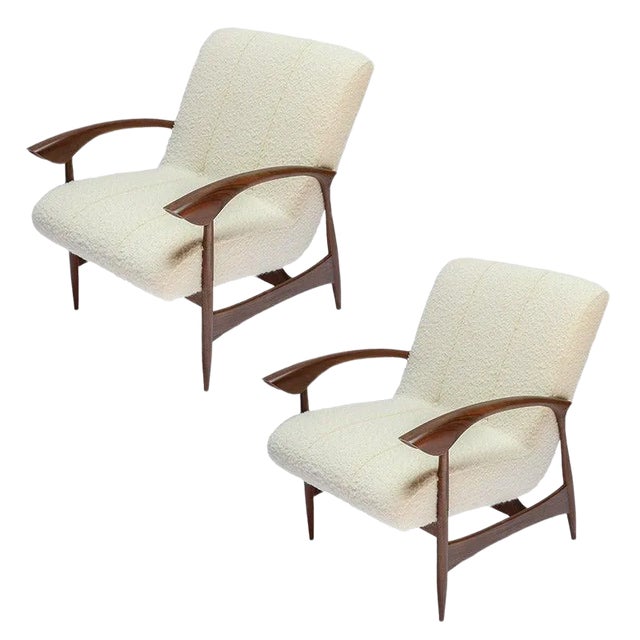 Custom Walnut Armchairs in Ivory Boucle - a Pair For Sale