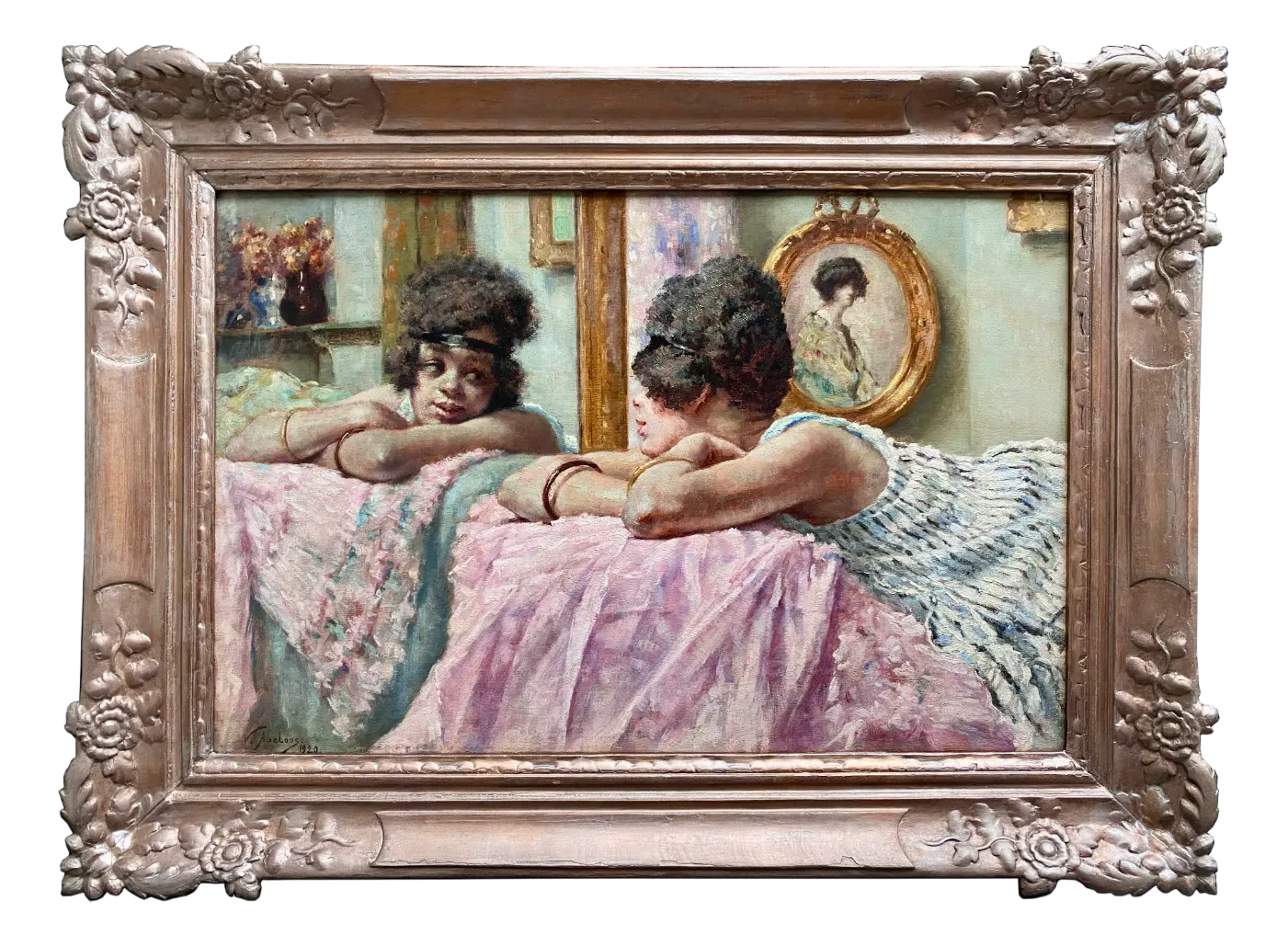絵画 Mirror_Oil No.2 Victor Abeloos, Girl at the Mirror, 1920s-1940s, Oil on Panel