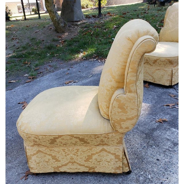 Pair Scroll-Back Slipper Chairs in Yellow Floral Damask Brocade, Pair For Sale - Image 4 of 8