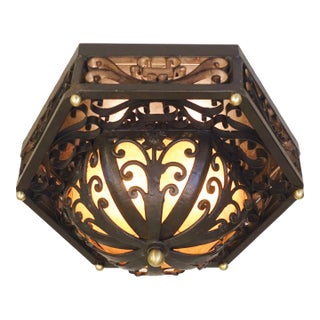 1950s Spanish Revival Mica Wrought Iron Brass Elaborate Octagon Light Ceiling Lamp For Sale