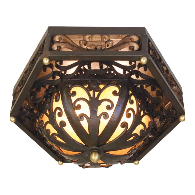 1950s Spanish Revival Mica Wrought Iron Brass Elaborate Octagon Light Ceiling Lamp For Sale