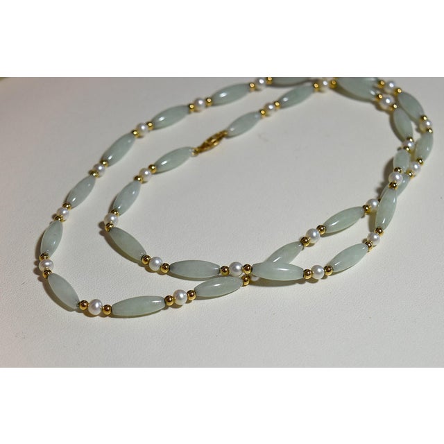 Vintage Barrel Jade & Pearl 14k Beaded 26" Necklace Lovely mix of light green Jade barrel beads and white Freshwater...