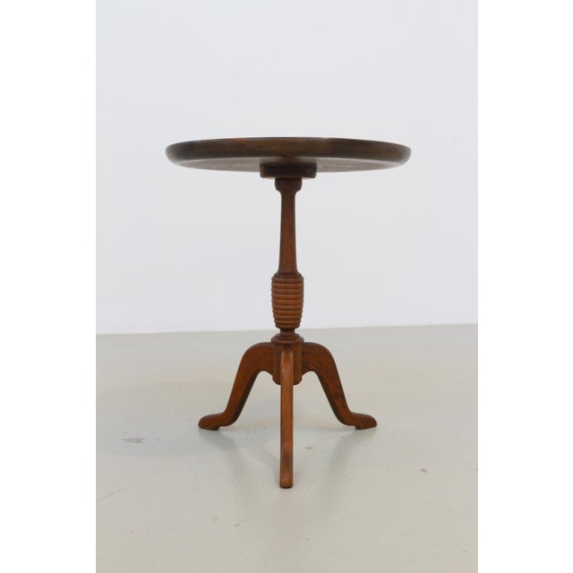 Round Danish Tripod Side Table in Stained Oak by Anton Kildeberg, 1960s. Scandinavian Mid-Century Modern side, lamp or...