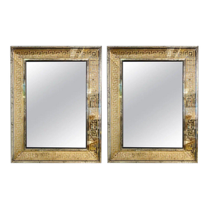 Set of 2 Hollywood Regency Style Etched Glass Gilt Greek Key Wall Mirrors, Usa