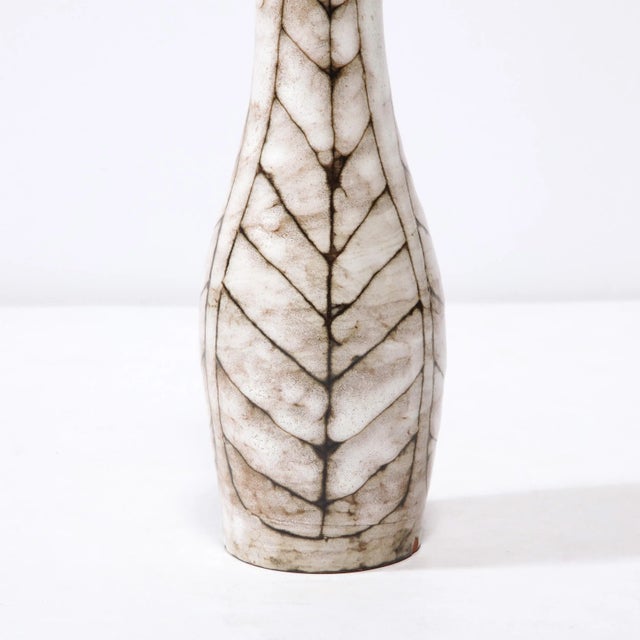 Mid-Century Modernist White and Earth Toned Tapered Ceramic Vase With Leaf Motif For Sale In New York - Image 6 of 13