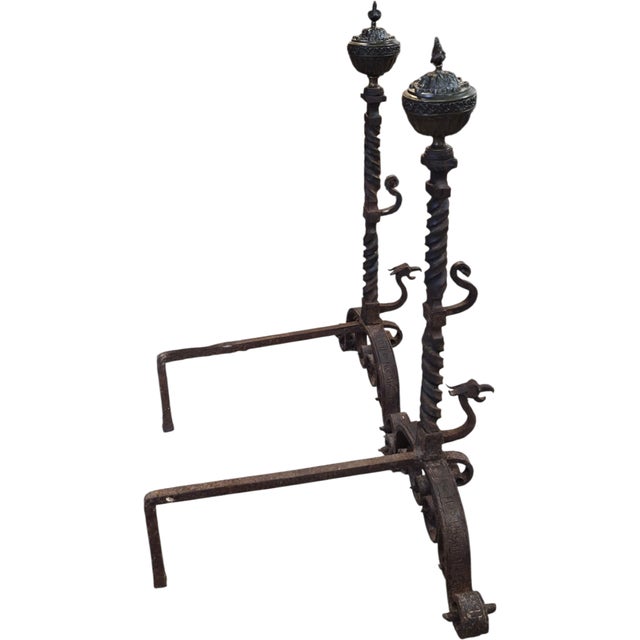 Mid 19th Century A Large Pair of Spanish Wrought Iron Andirons For Sale - Image 4 of 5