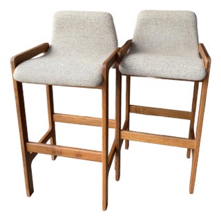 Pair 1970s Mid-Century Modern Teak Bar Height Bar Stool by D Scan For Sale